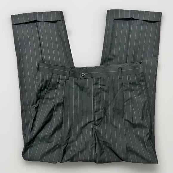 Franco Valentino Dress Pants 34x39 Black Pinstripe 100% Wool Pleated Cuffed - Picture 1 of 4